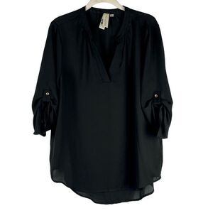 Society Girl Black V-neck Roll Up Sleeve Blouse XL